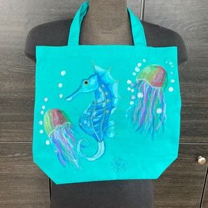Hand Painted Seahorse & Jelly Fish Turquoise Canvas Shopping Bag